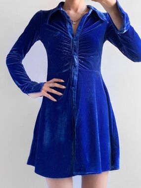 Urban Outfitters Nellie Ruched Royal Blue Velvet Mini Dress XS
